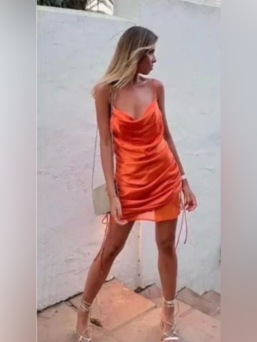ZARA Orange Satin Summer Ready Rouched Dress Size XS Coquette Vaca